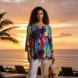 Soft Surroundings Floral Blouse Women’s Large Colorful Boho Tropical Resort